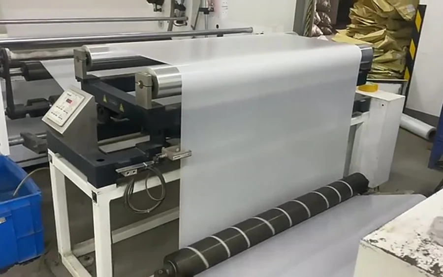 roll stock film running on converting line for automatic filling packaging