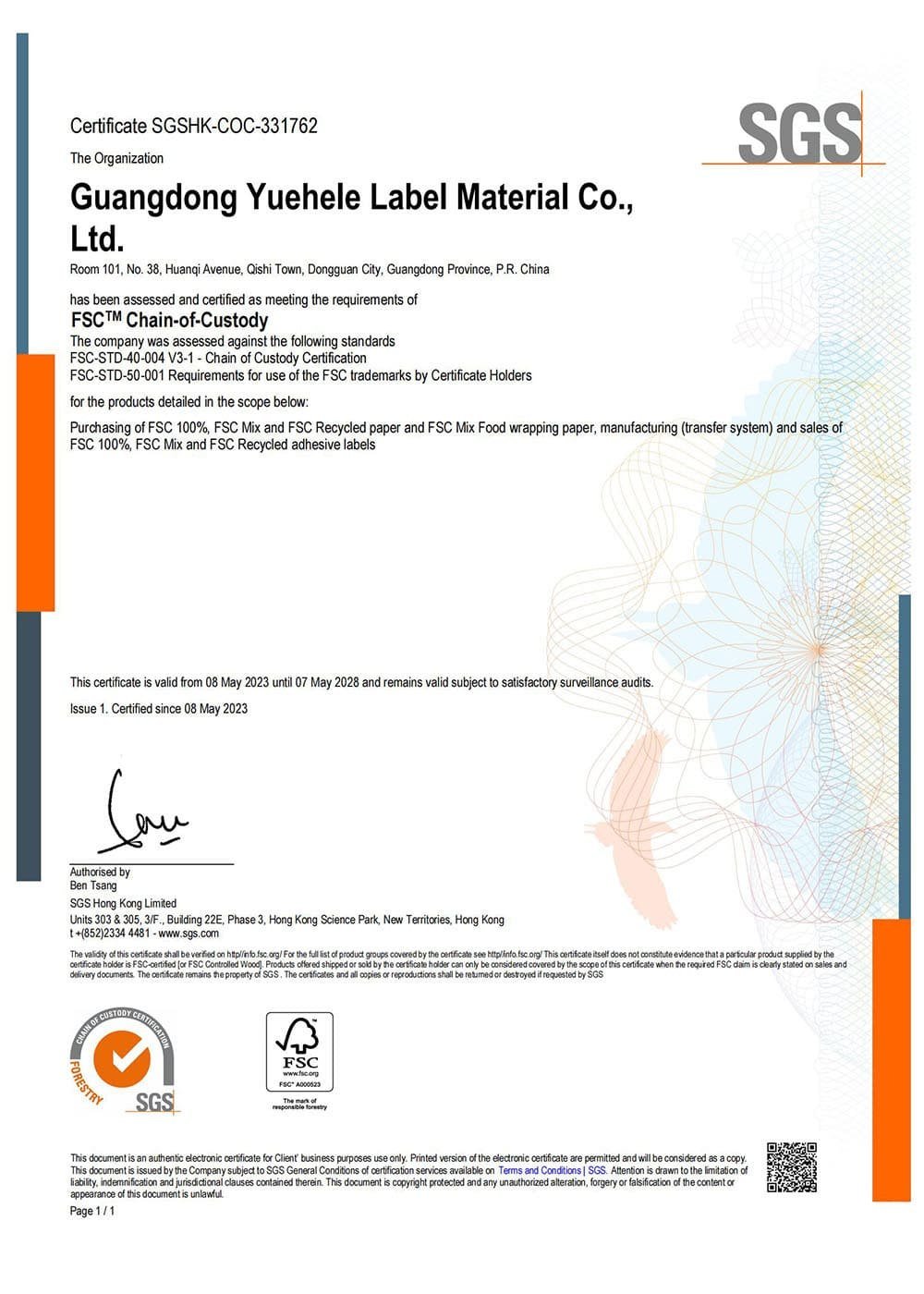 FSC Chain of Custody certificate for XIYONG PACK factory Guangdong Yuehele Label Material