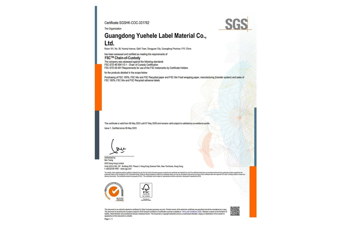 FSC Chain of Custody certificate for packaging material review