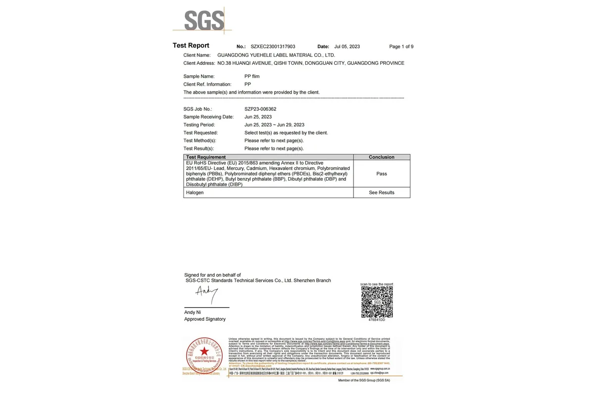 RoHS and SGS test report for material review