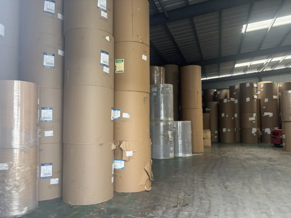Raw material jumbo rolls stored for thermal paper and packaging film production