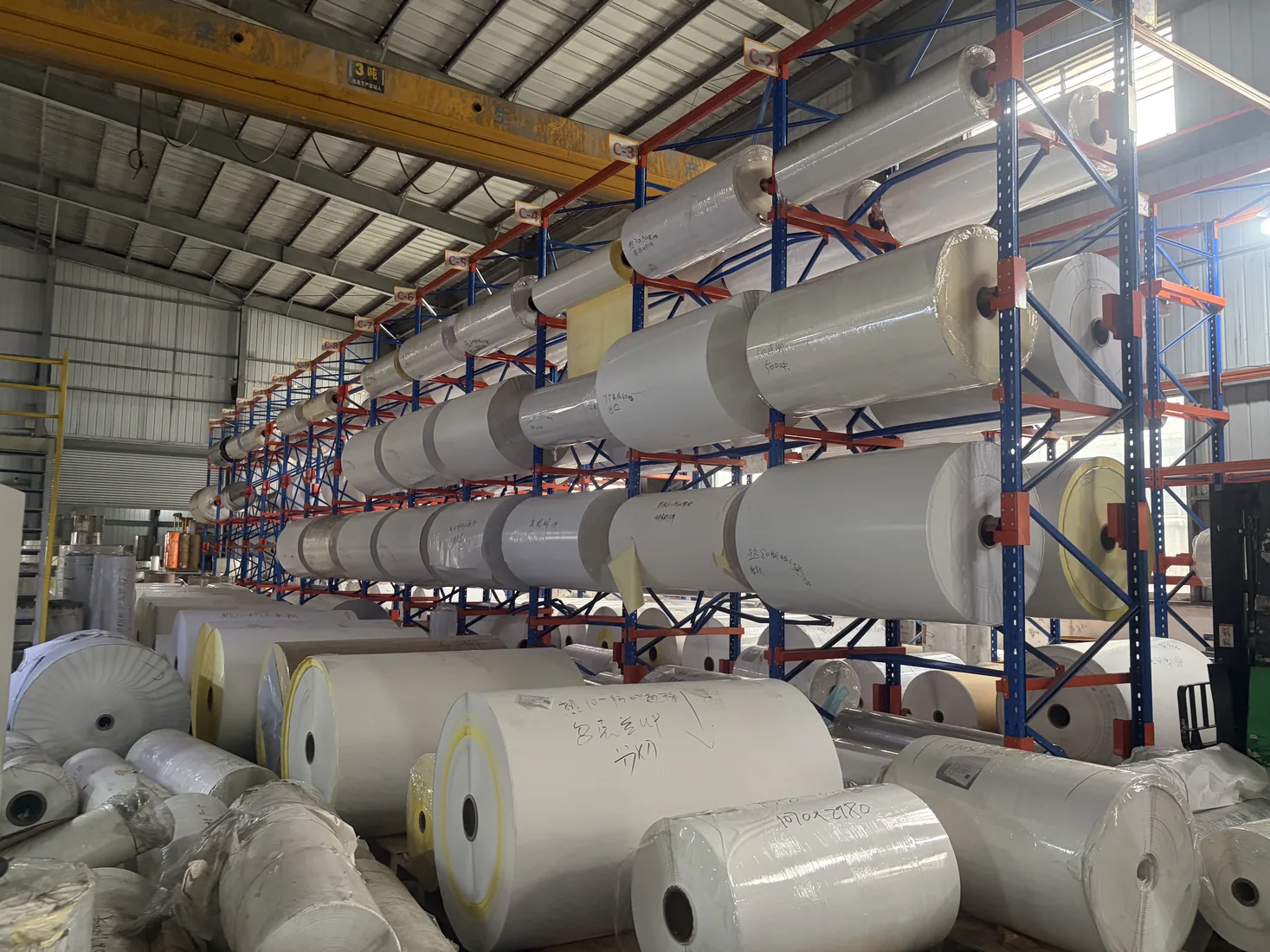 Roll handling area with staged materials for production planning