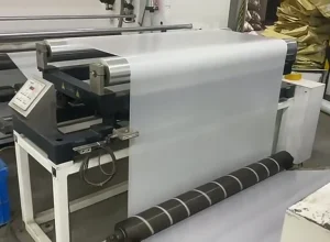 roll stock film running on converting line for automatic filling packaging